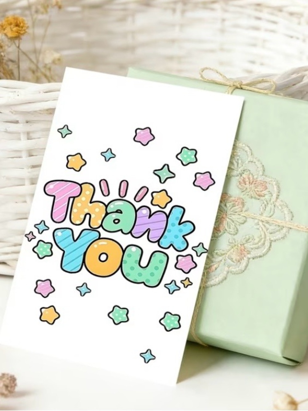 50 pc Pastel Multi-Color Thank You Card - Cute Bubble Letter Design